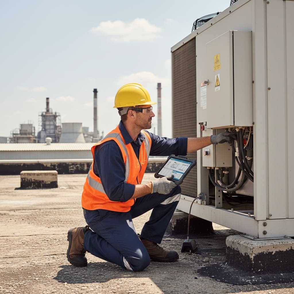 Engineer inspecting rooftop HVAC equipment