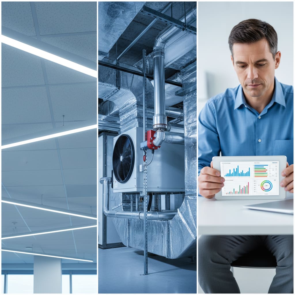 Collage of LED lighting, HVAC equipment, and energy data