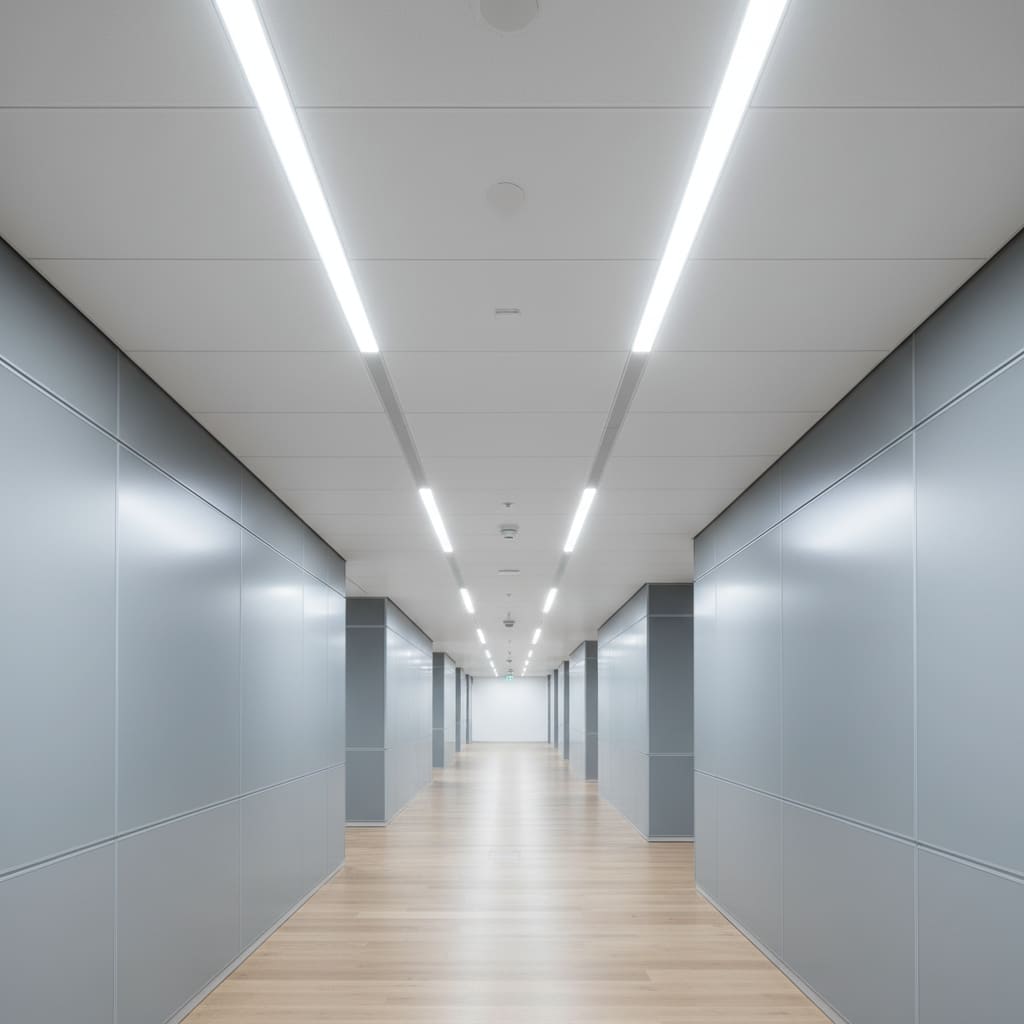 Office corridor with modern LED lighting
